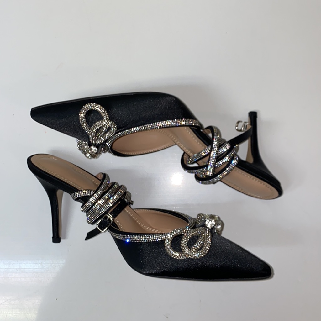 Black Jeweled Ankle Tie Heels